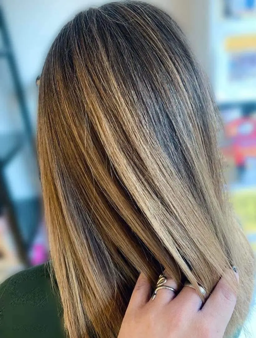 Cheveux lisses aux reflets blonds et bruns, avec une mèche mise en lumière.